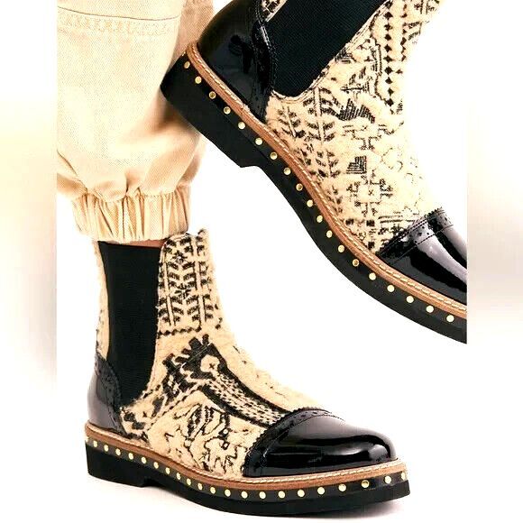 Free People Textile Atlas Chelsea Boot Size 9 Beige Black Boho Festival … - Picture 1 of 13